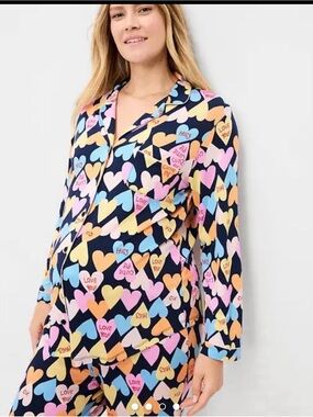 Maternity Navy Heart Print Pajama Set - Multi-Color Hearts